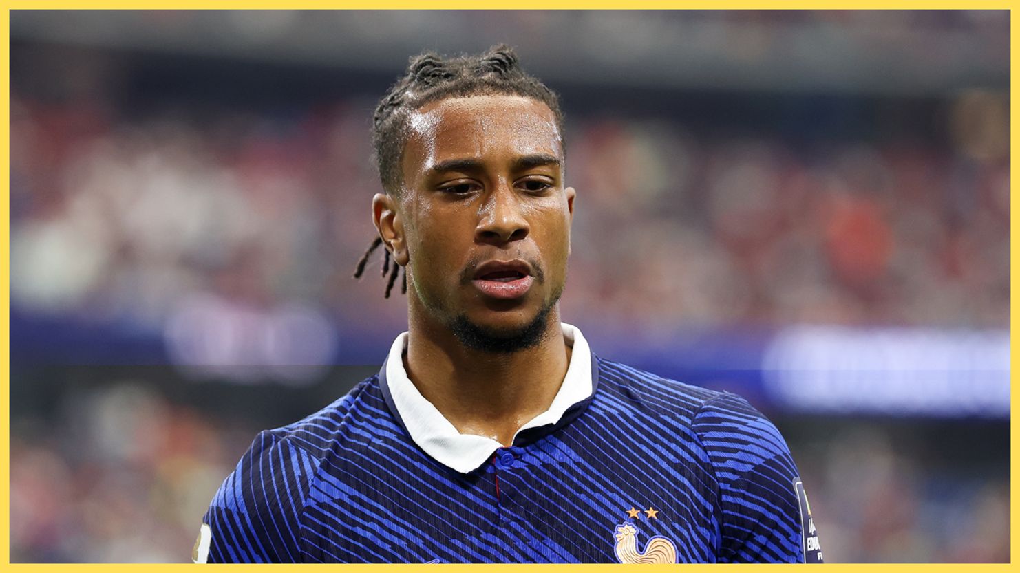 Reported Liverpool transfer target Michael Olise looks downwards during France game at the World Cup.