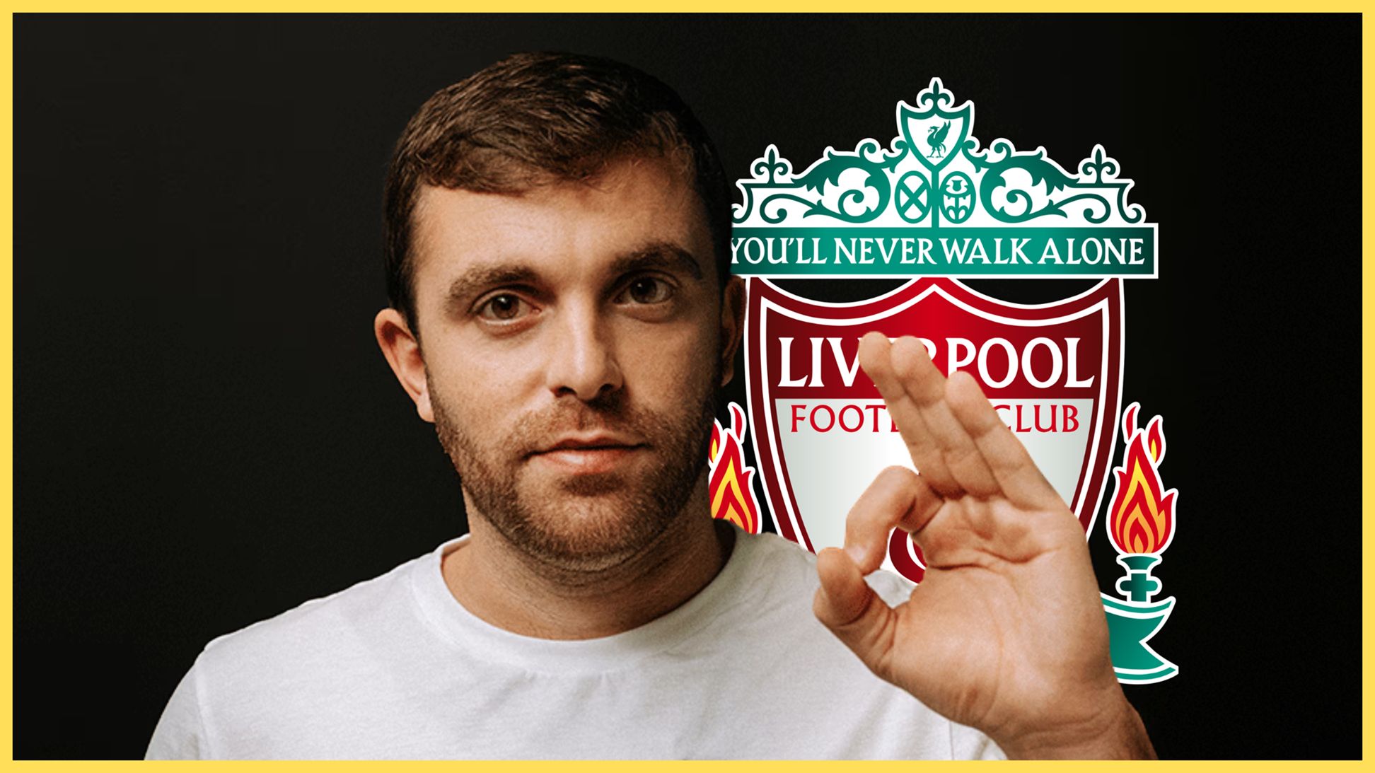 Transfer news expert Fabrizio Romano makes an ok sign with his hand in front of Liverpool club crest.
