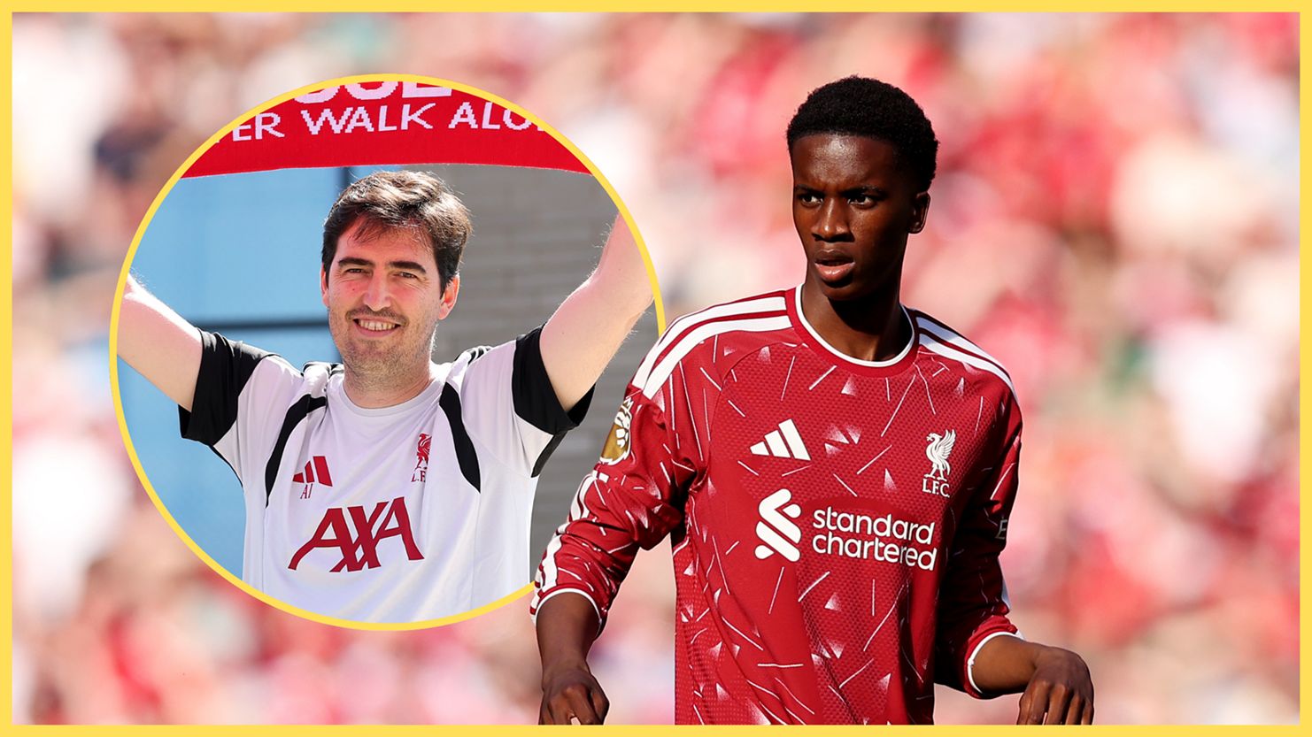 Liverpool midfielder Trey Nyoni looks at Andoni Iraola holding up a red scarf.