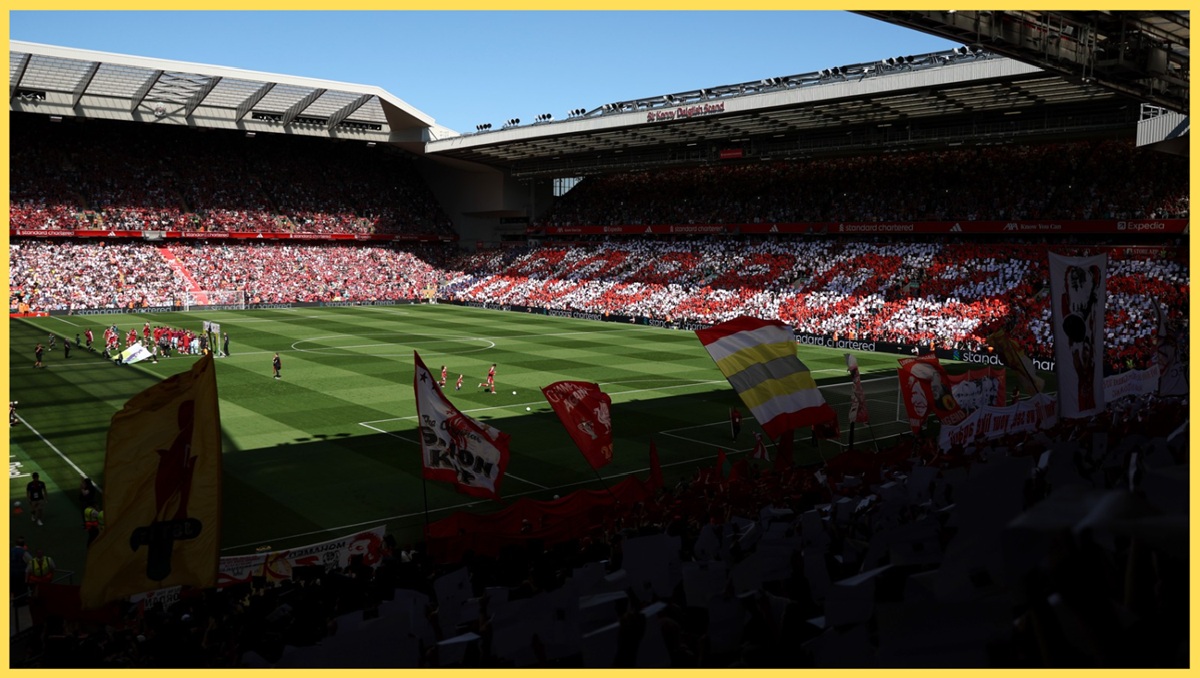 Liverpool fans display a mosaic in tribute to Andy Robertson at Anfield