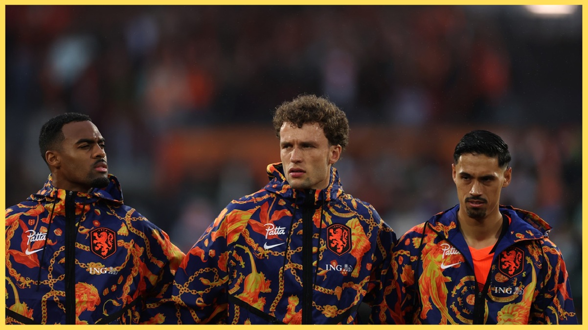 Ryan Gravenberch, Mats Wieffer and Tijjani Reijnders line up before a Netherlands match