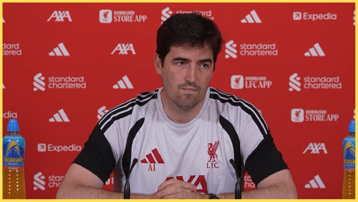 Andoni Iraola speaks to the media at his first press conference as Liverpool head coach