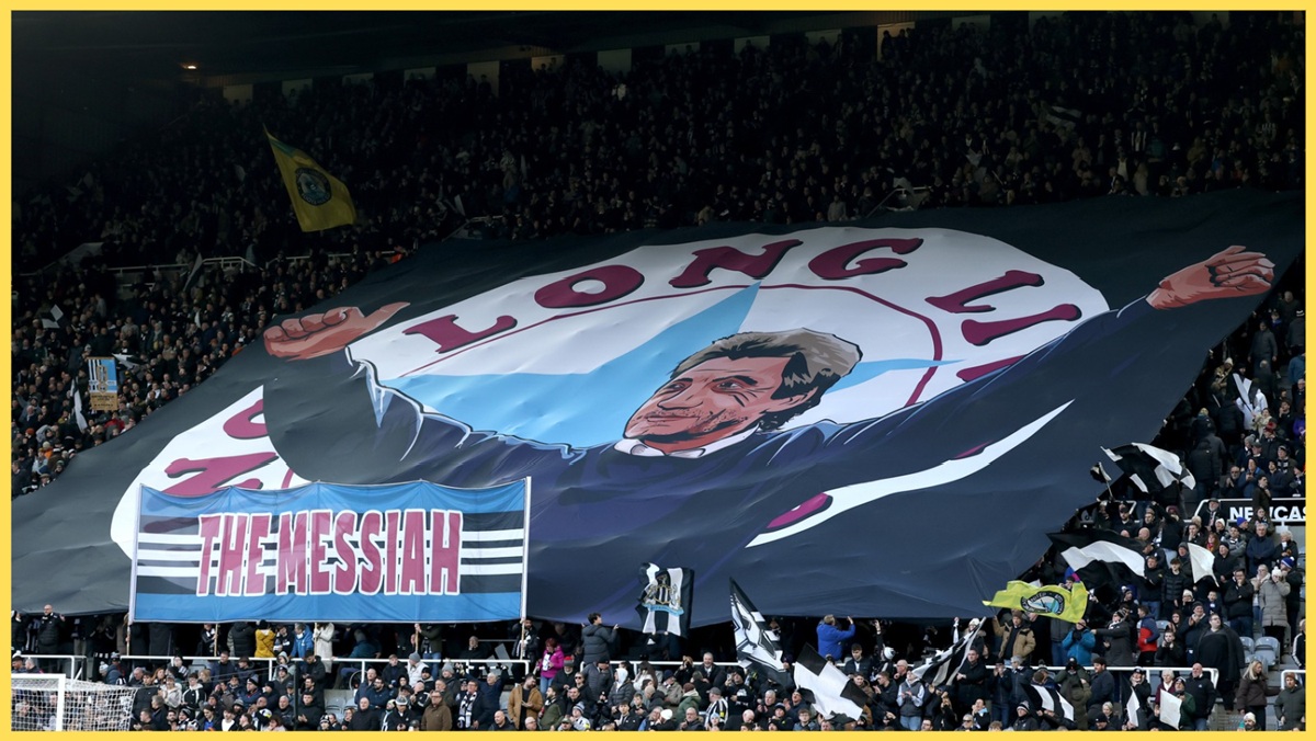 A flag bearing the image of Kevin Keegan is displayed at St James' Park