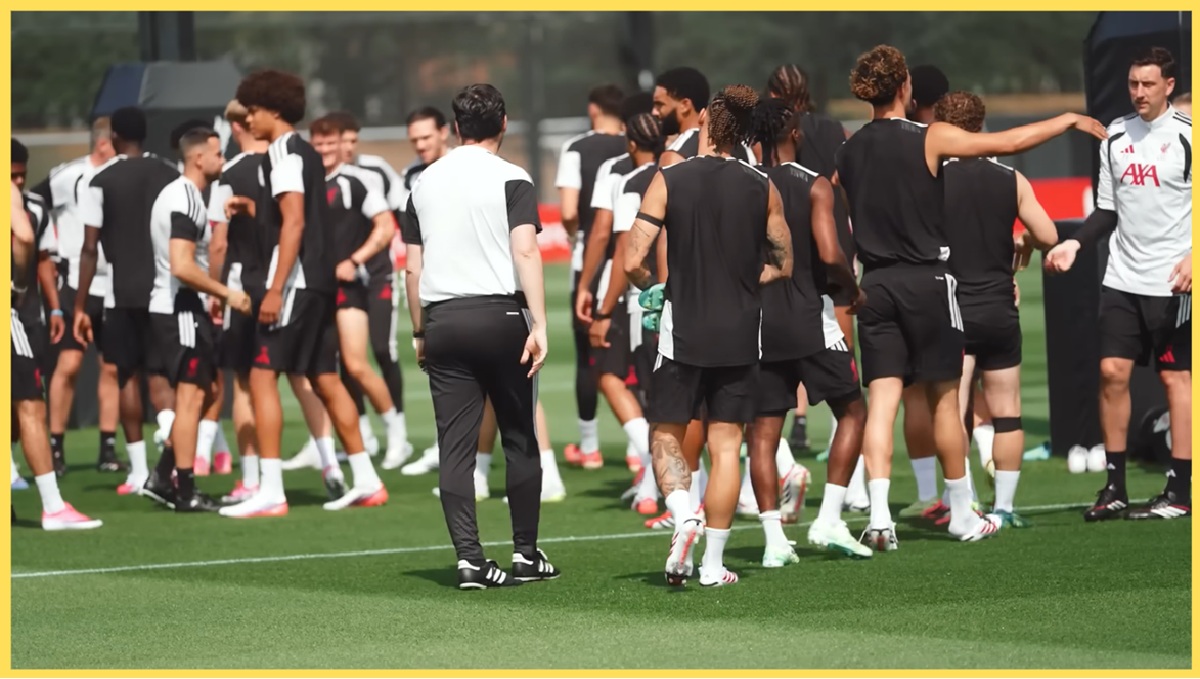 Liverpool players in the middle of a training session