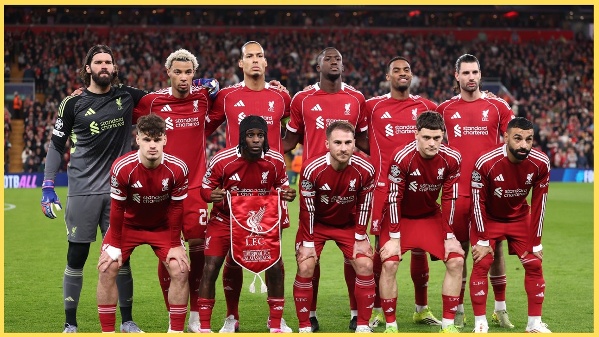 Liverpool players line up for a team photo before a Champions League fixture