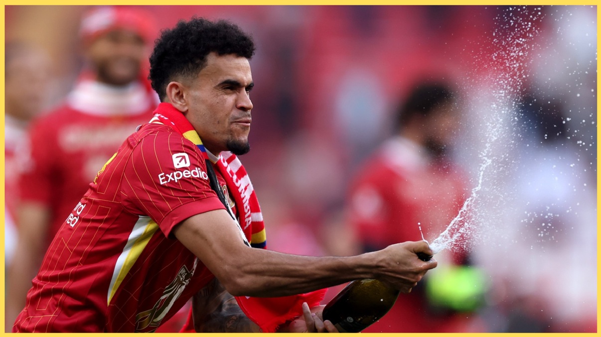 Luis Diaz celebrates after Liverpool's Premier League title triumph in 2025