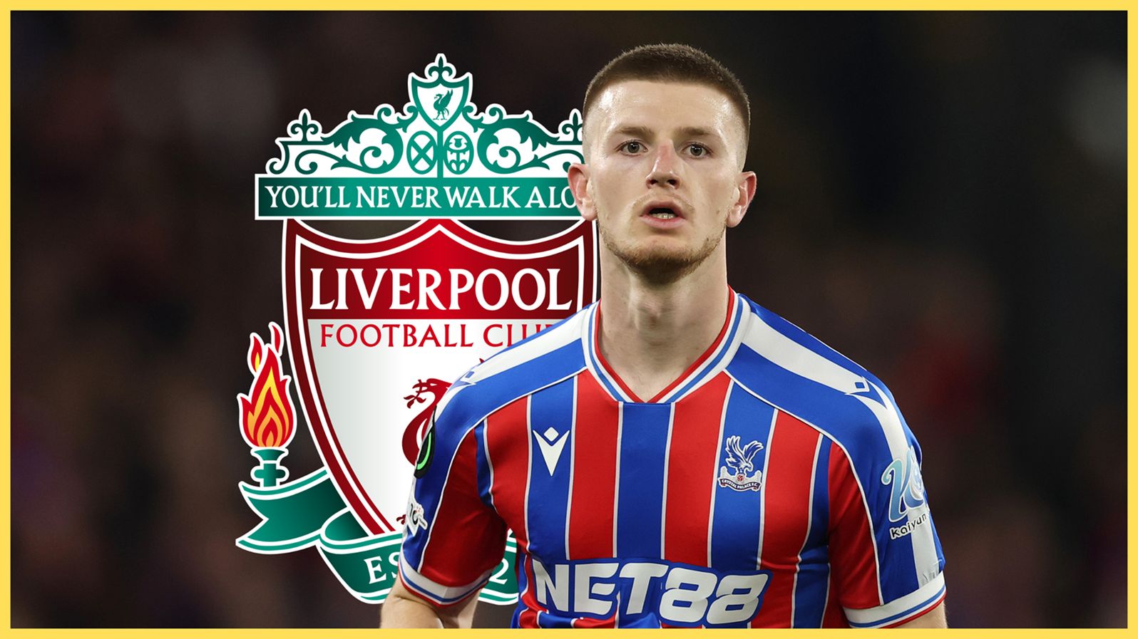 Liverpool transfer target Adam Wharton looks on during Crystal Palace game in front of LFC badge.