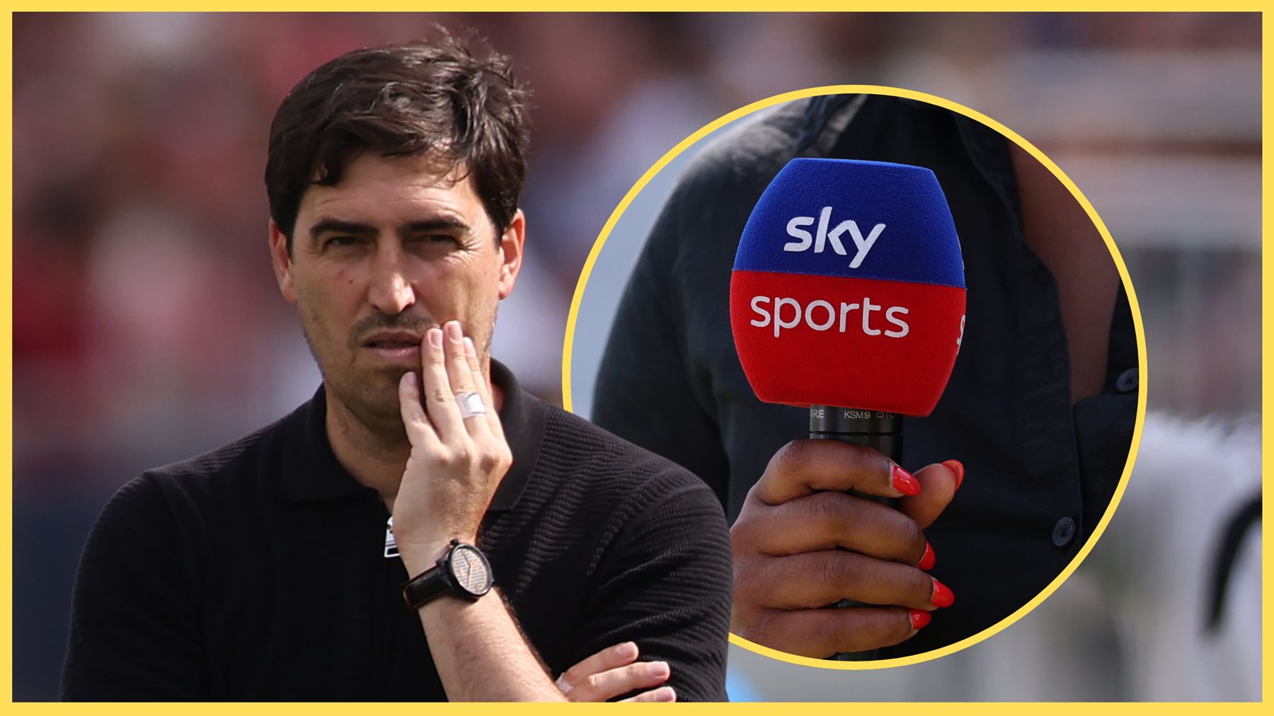 Liverpool manager Andoni Iraola scratches his face next to Sky Sports microphone.