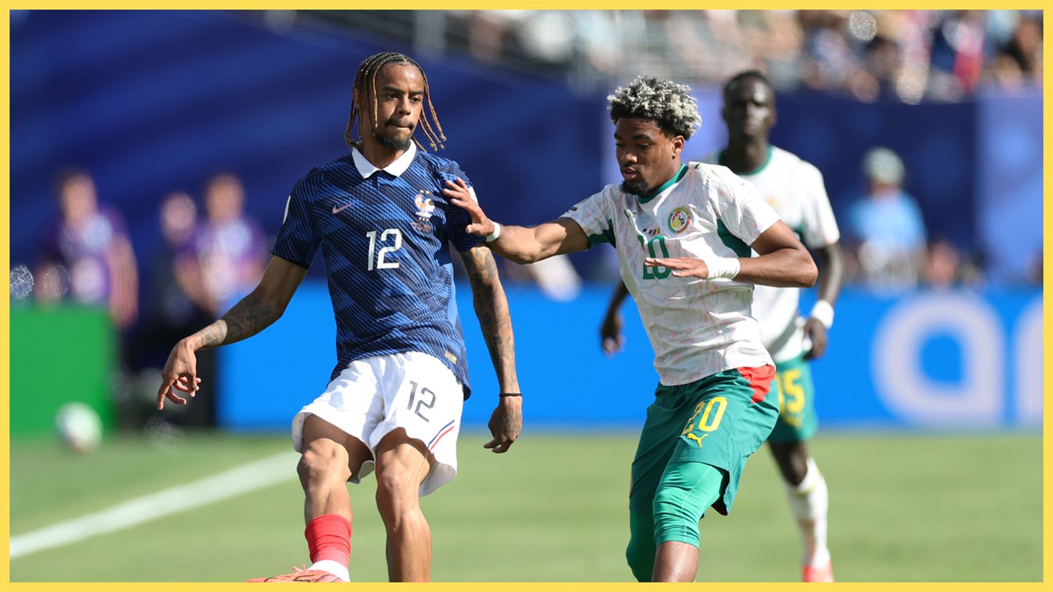 Bradley Barcola dribbles against Liverpool transfer target Ibrahim Mbaye during World Cup game.