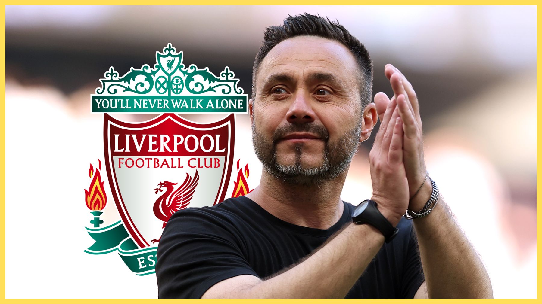 Tottenham manager Roberto De Zerbi claps his hands in front of Liverpool club badge.
