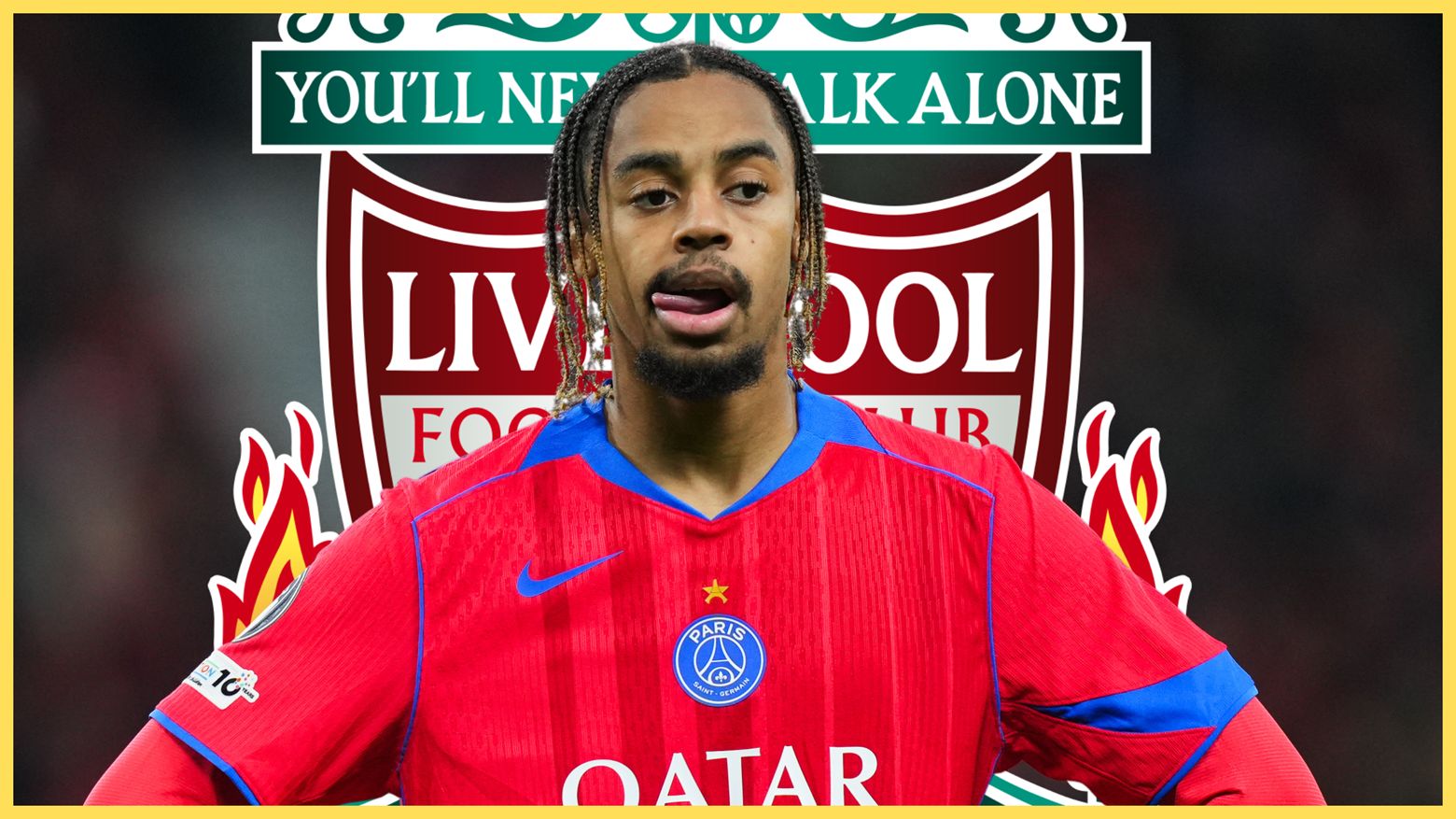 Bradley Barcola licks his lips in front of Liverpool club crest.