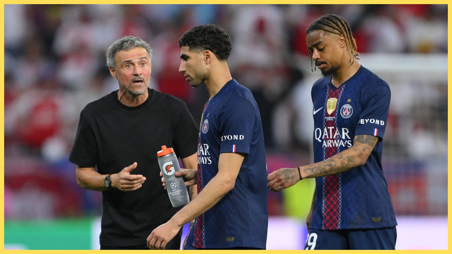 Luis Enrique appears shocked while looking at Achraf Hakimi and Liverpool transfer target Bradley Barcola.
