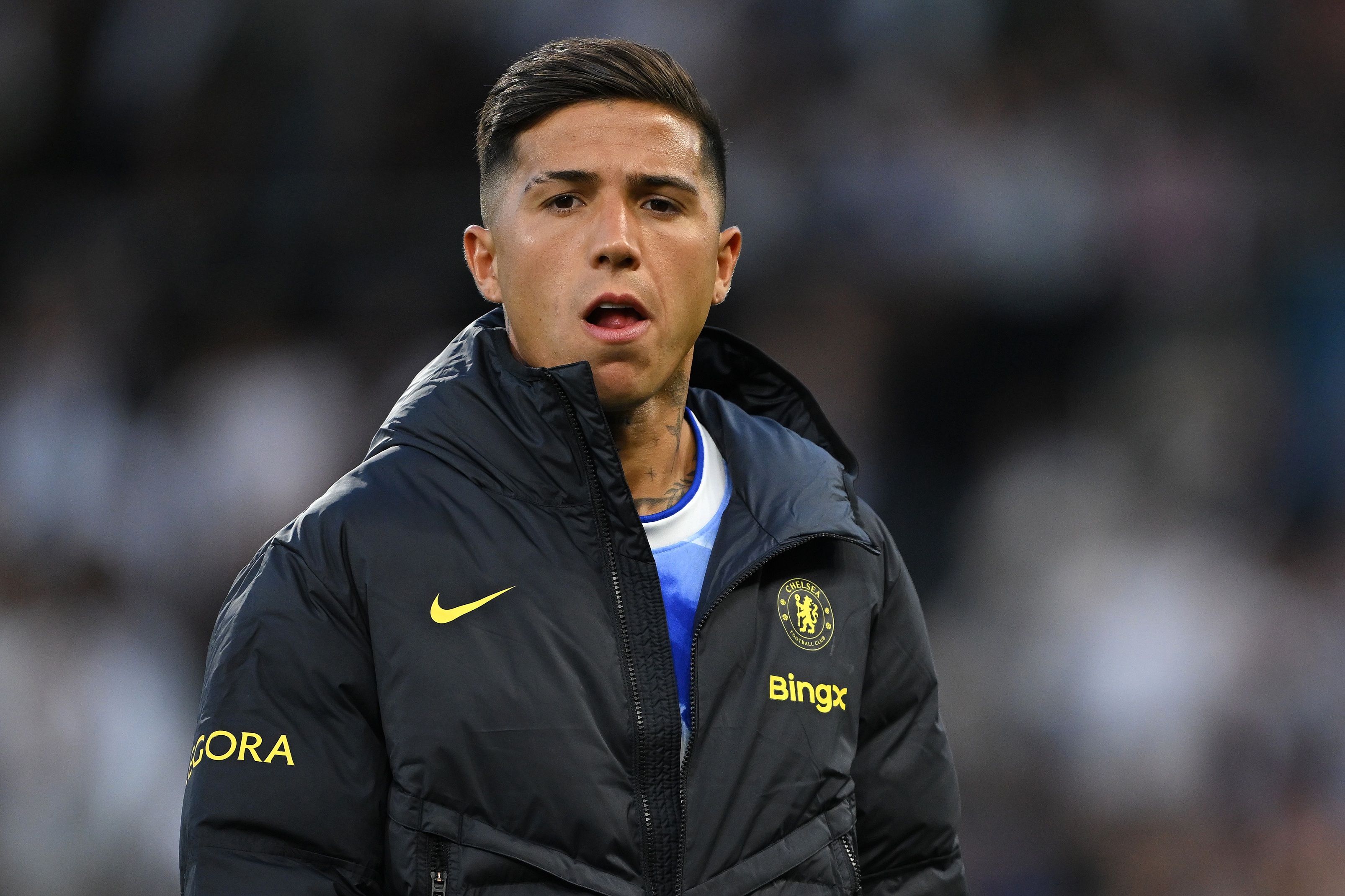 Enzo Fernandez chews his cheek ahead of Chelsea game.