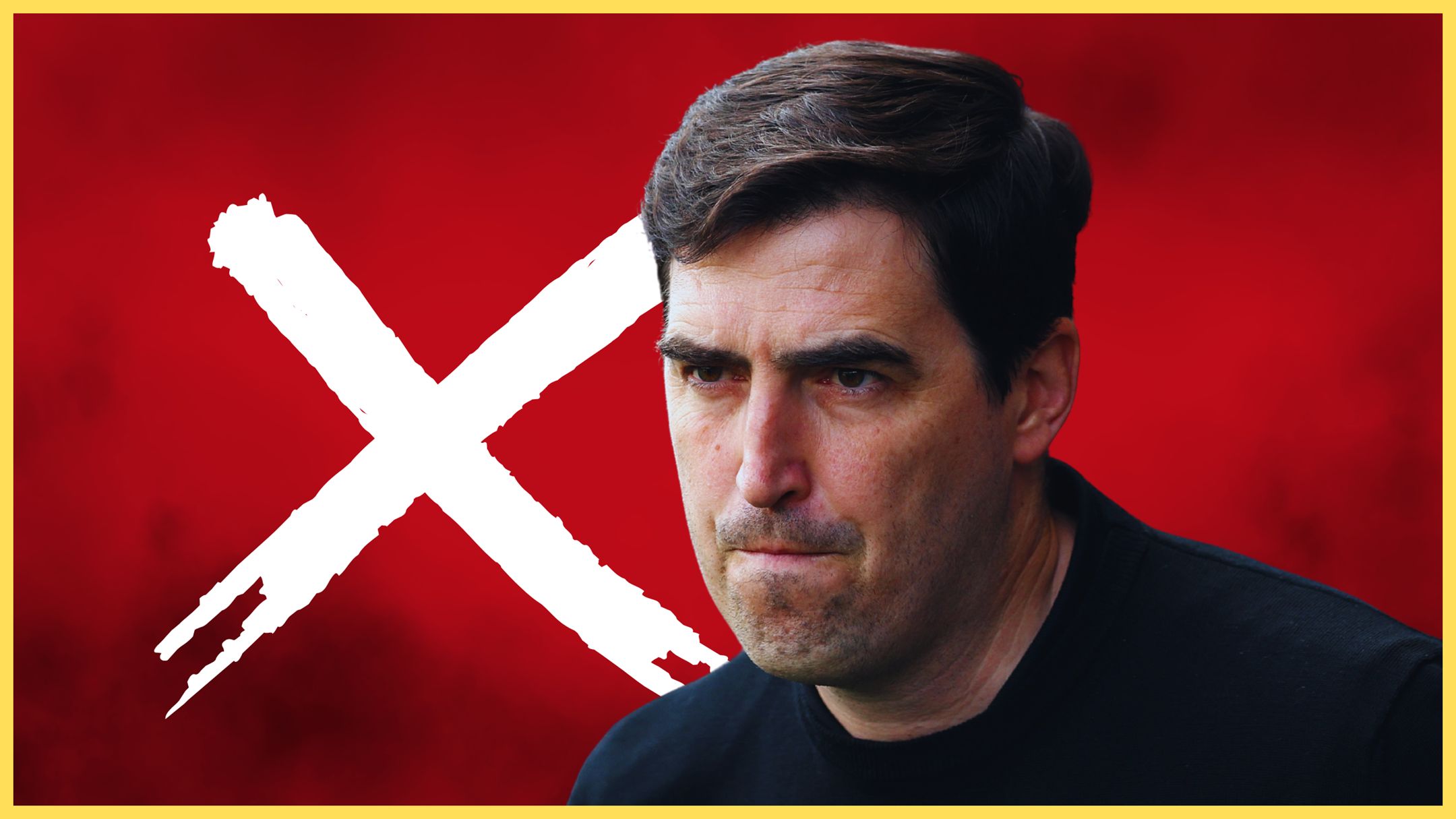 Liverpool manager Andoni Iraola purses his lips in frustration in front of a red background and a white cross.