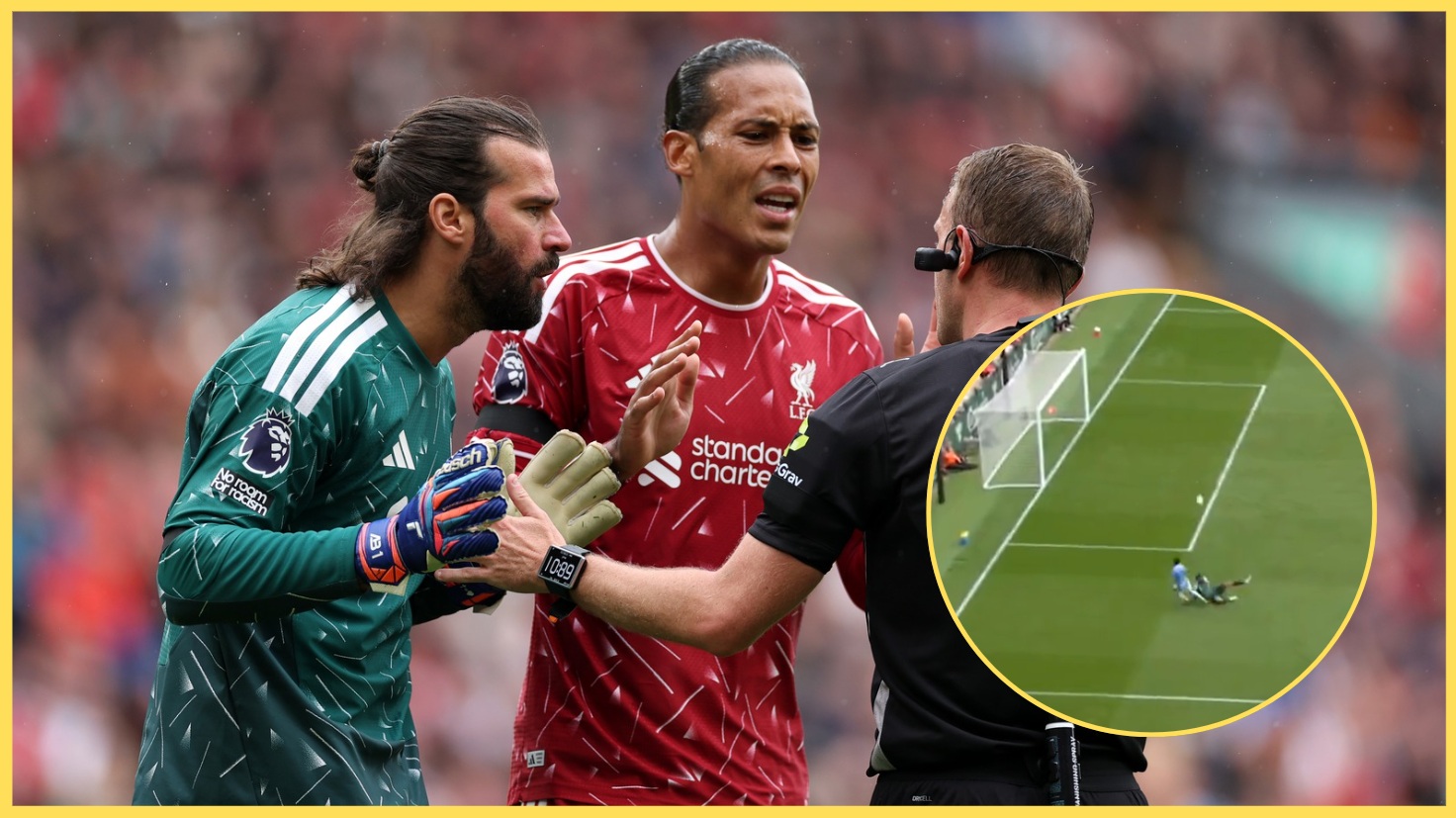 Alisson Becker and Virgil van Dijk protest over the penalty awarded to Nottingham Forest