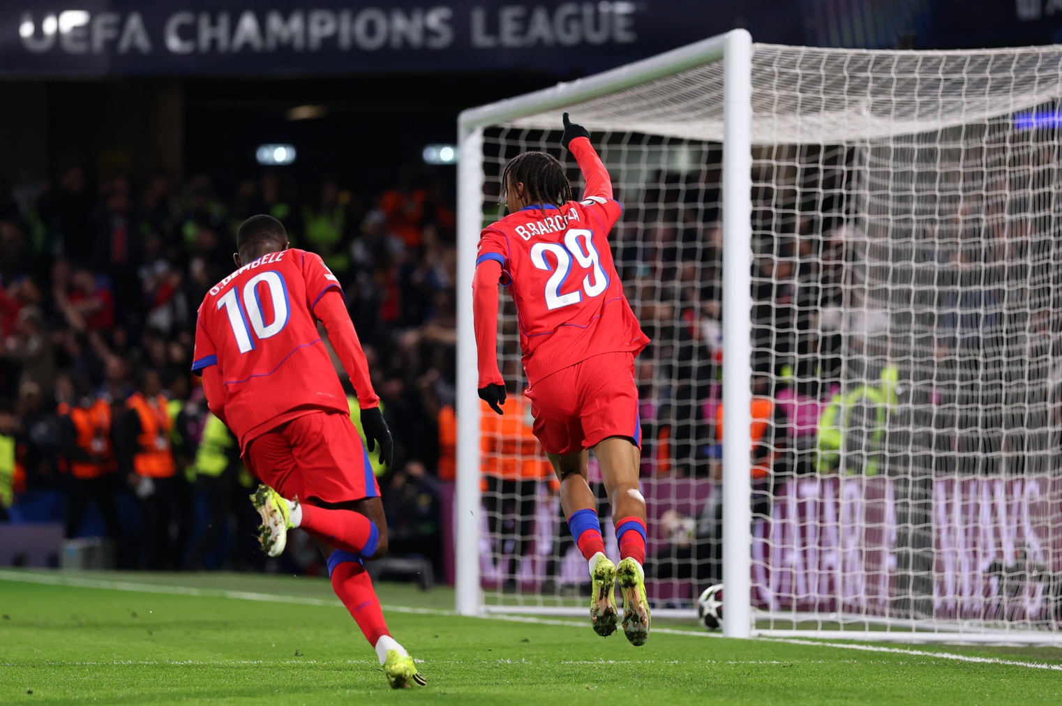 Bradley Barcola celebrates scoring a goal in the number 29 shirt at PSG