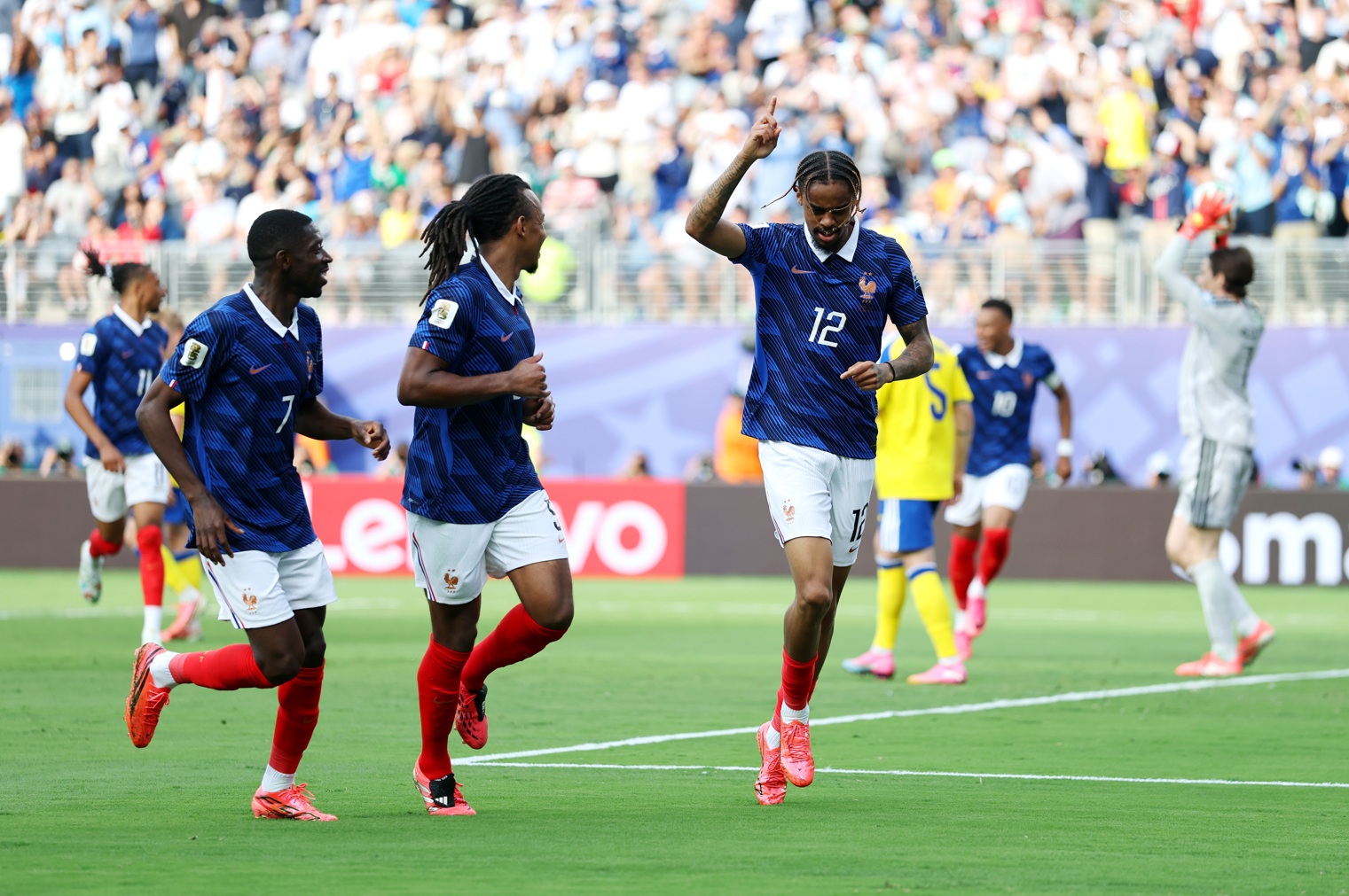 Bradley Barcola celebrates scoring against Sweden at the World Cup