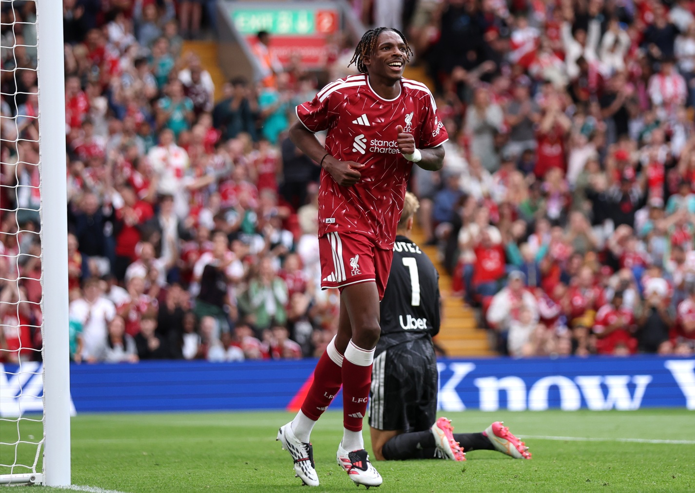 Jeremy Jacquet celebrates scoring on his first Liverpool appearance