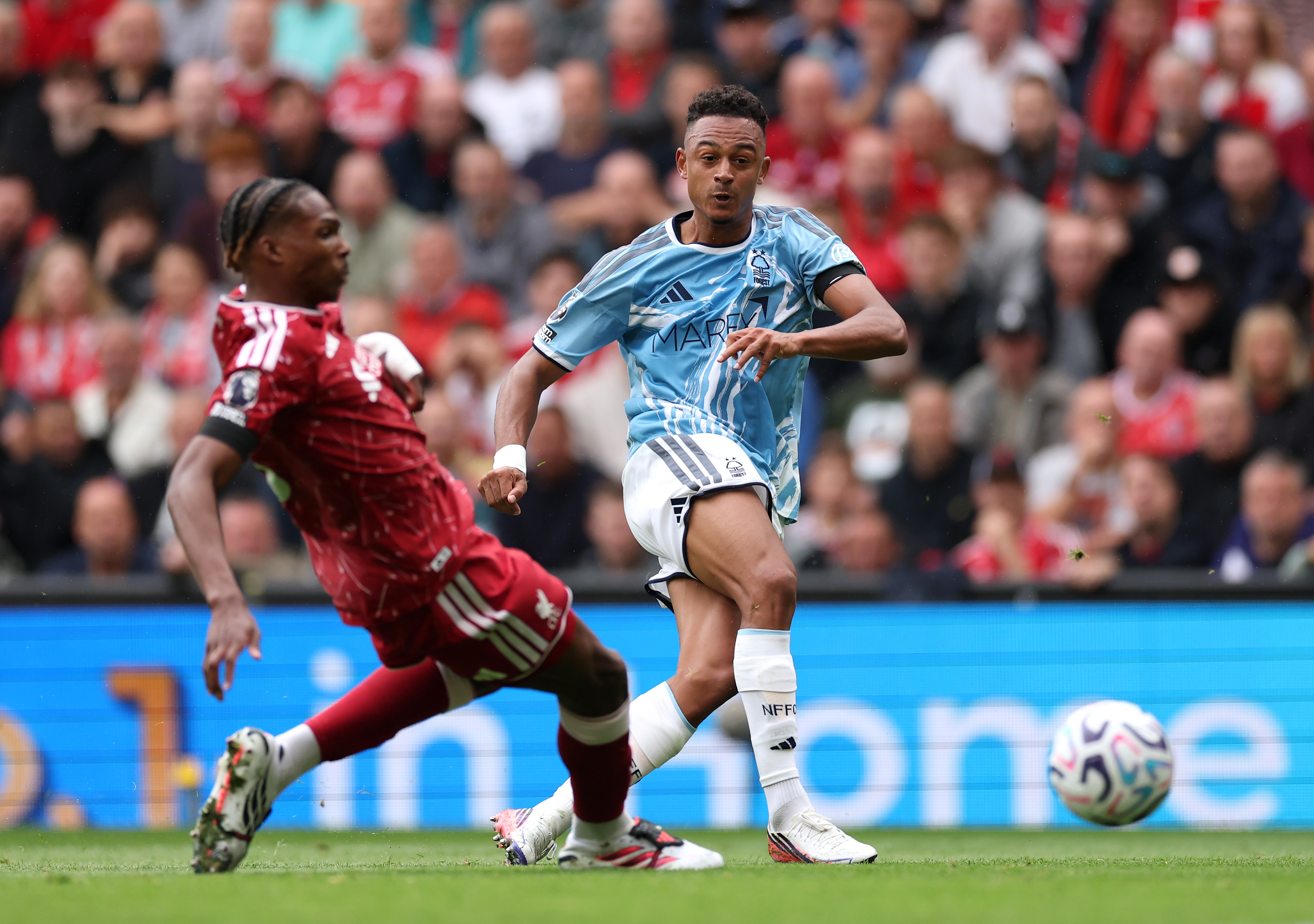 Dan Ndoye fires Nottingham Forest into the lead against Liverpool at Anfield