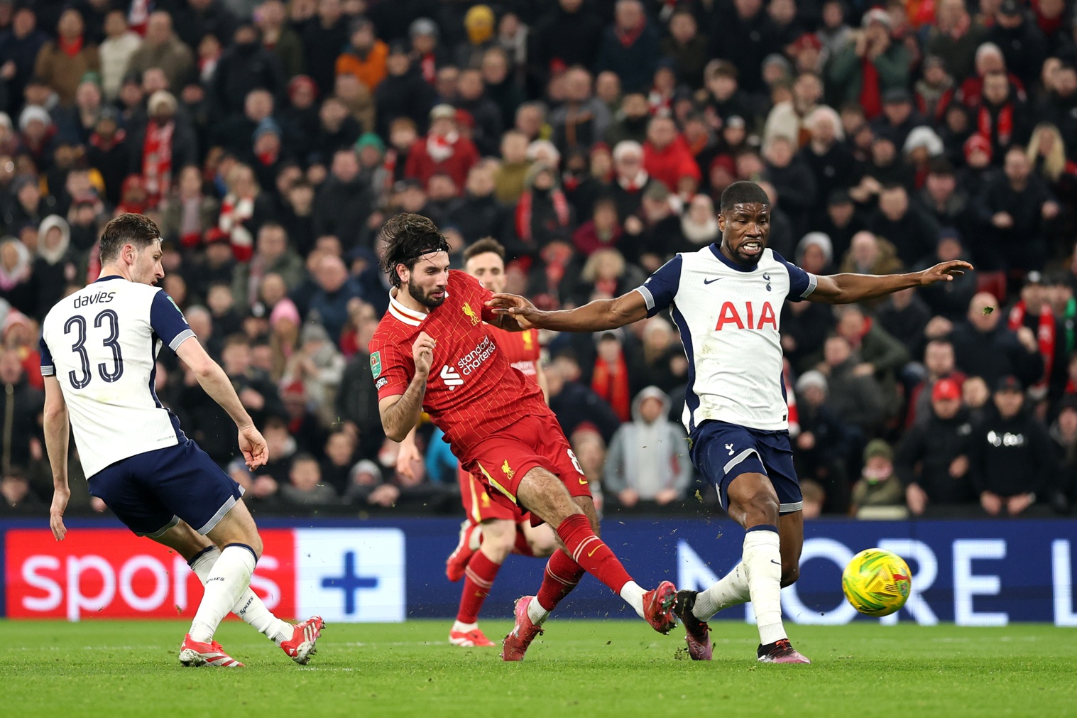 Dominik Szoboszlai shoots at goal in Liverpool's Carabao Cup tie against Spurs in February 2025