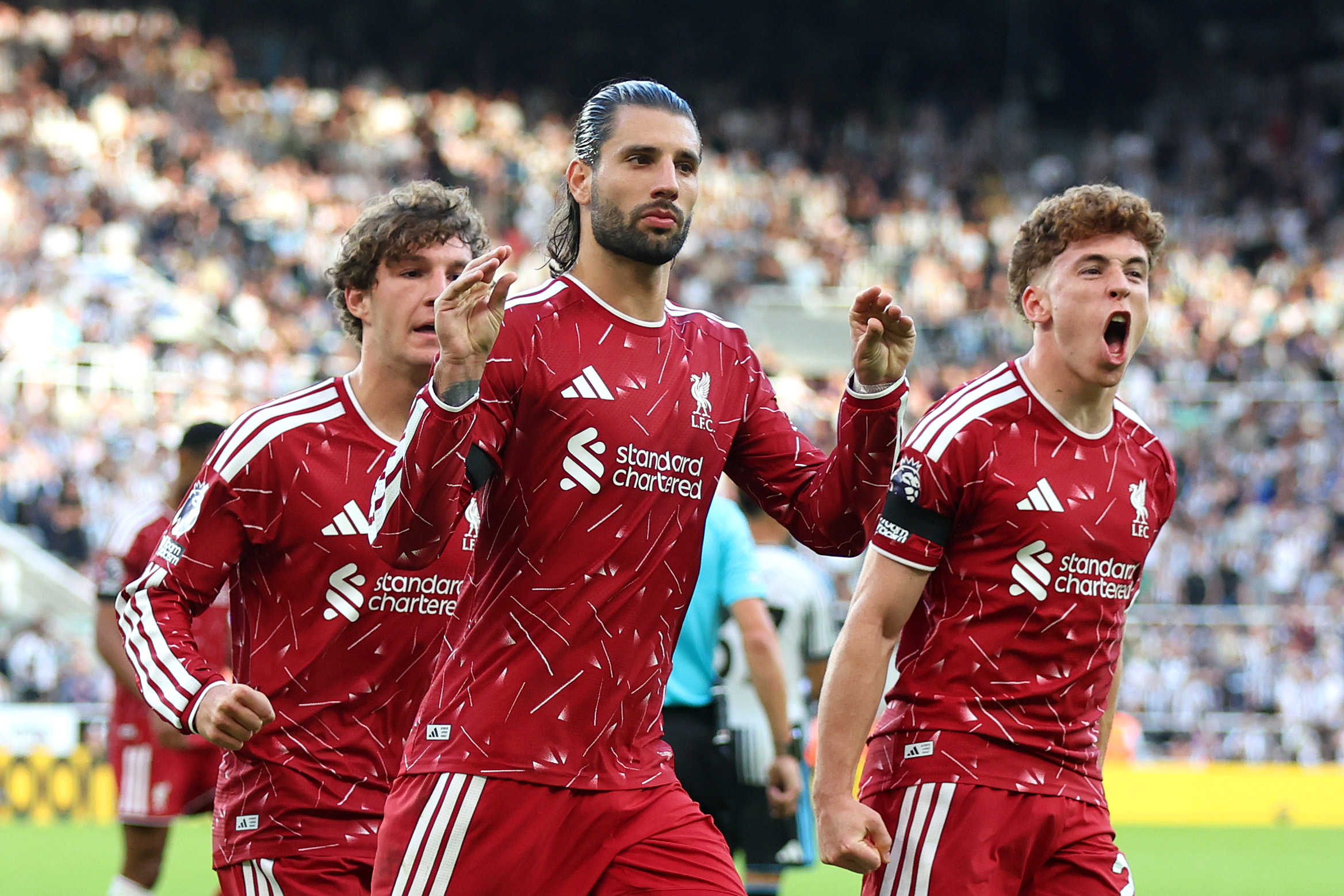 Dominik Szoboszlai celebrates scoring Liverpool's late equaliser against Newcastle