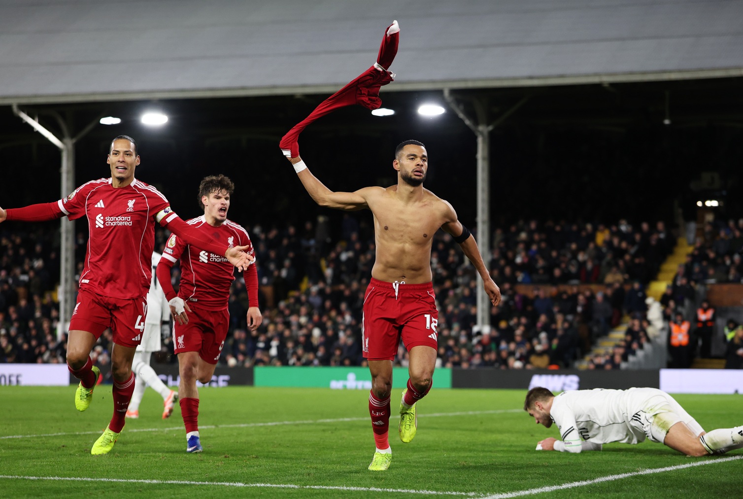 Cody Gakpo celebrates scoring against Fulham at Craven Cottage in January