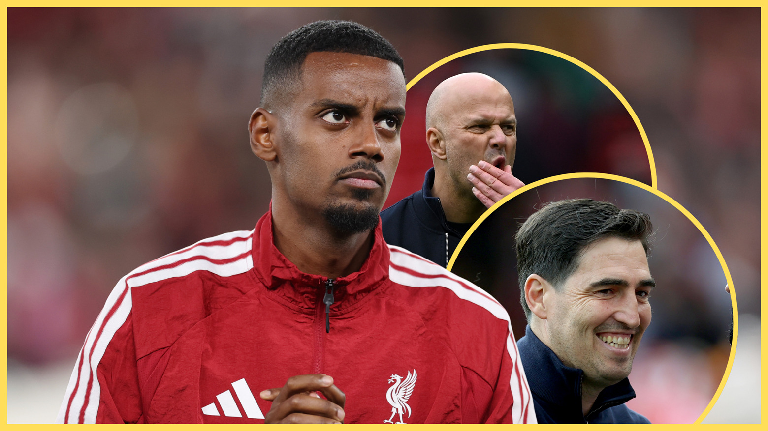 Liverpool striker Alexander Isak rubs his hands together next to Arne Slot and Andoni Iraola.