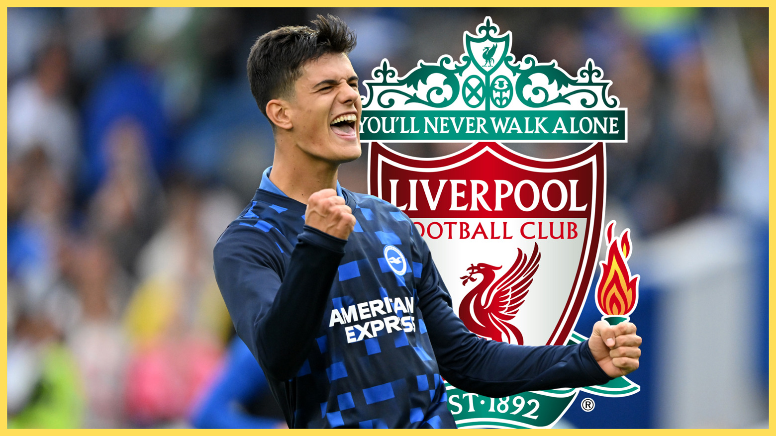 Brighton midfielder Chema Andres celebrates with a clenched fist next to Liverpool club crest.