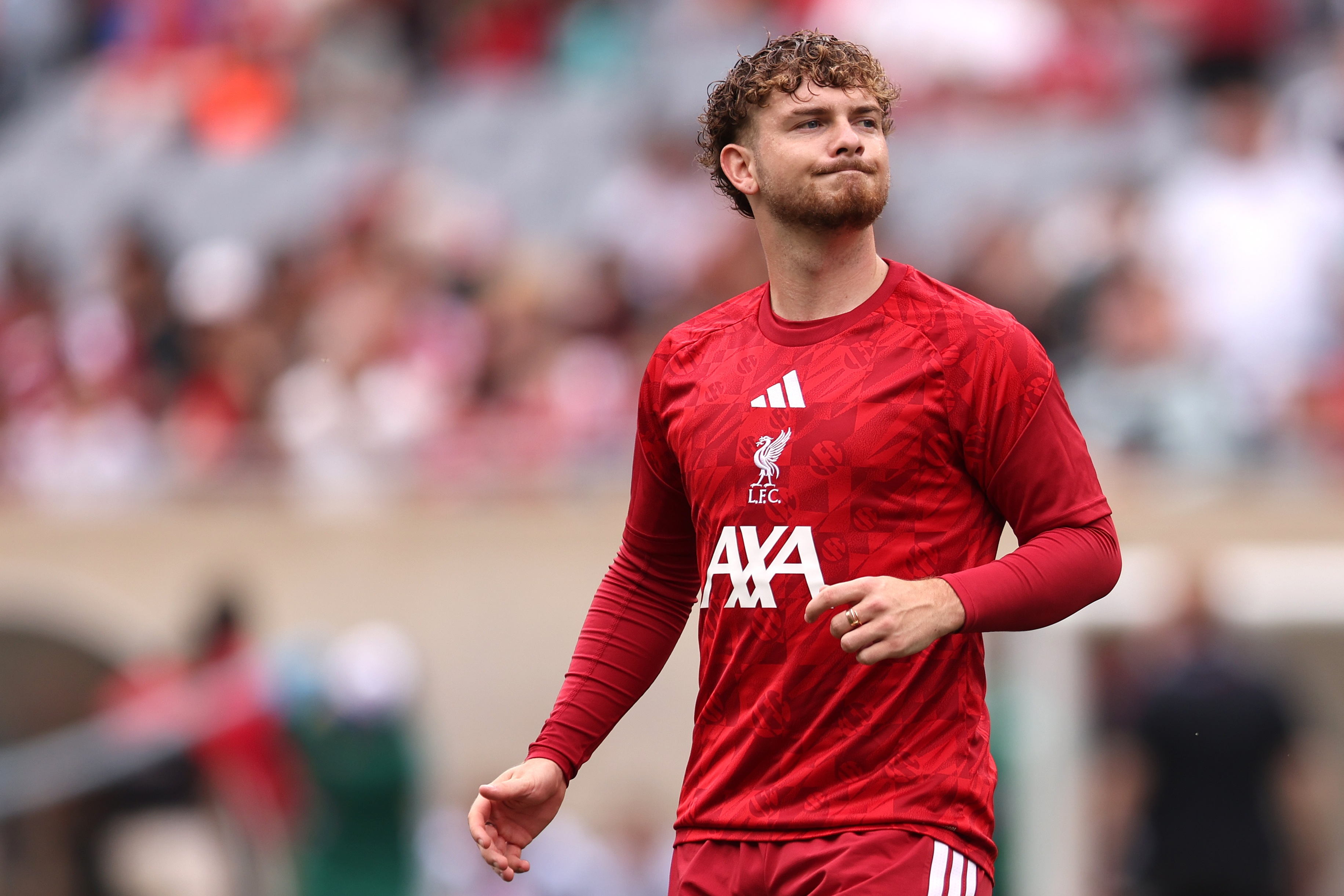 Harvey Elliott looks on during Liverpool pre=season game.