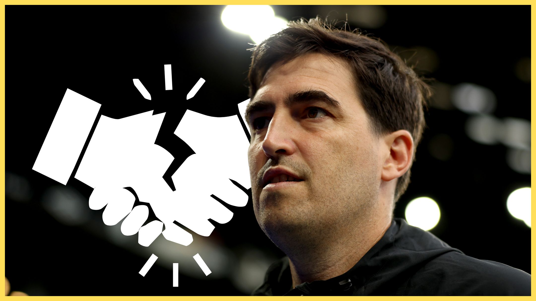 Liverpool manager Andoni Iraola looks on next to a pair of white hands shaking together with a crack in the middle.