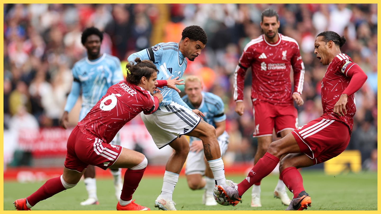 Liverpool FC defenders Mikos Kerkez and Virgil van Dijk attempt to tackle Morgan Gibbs-White.