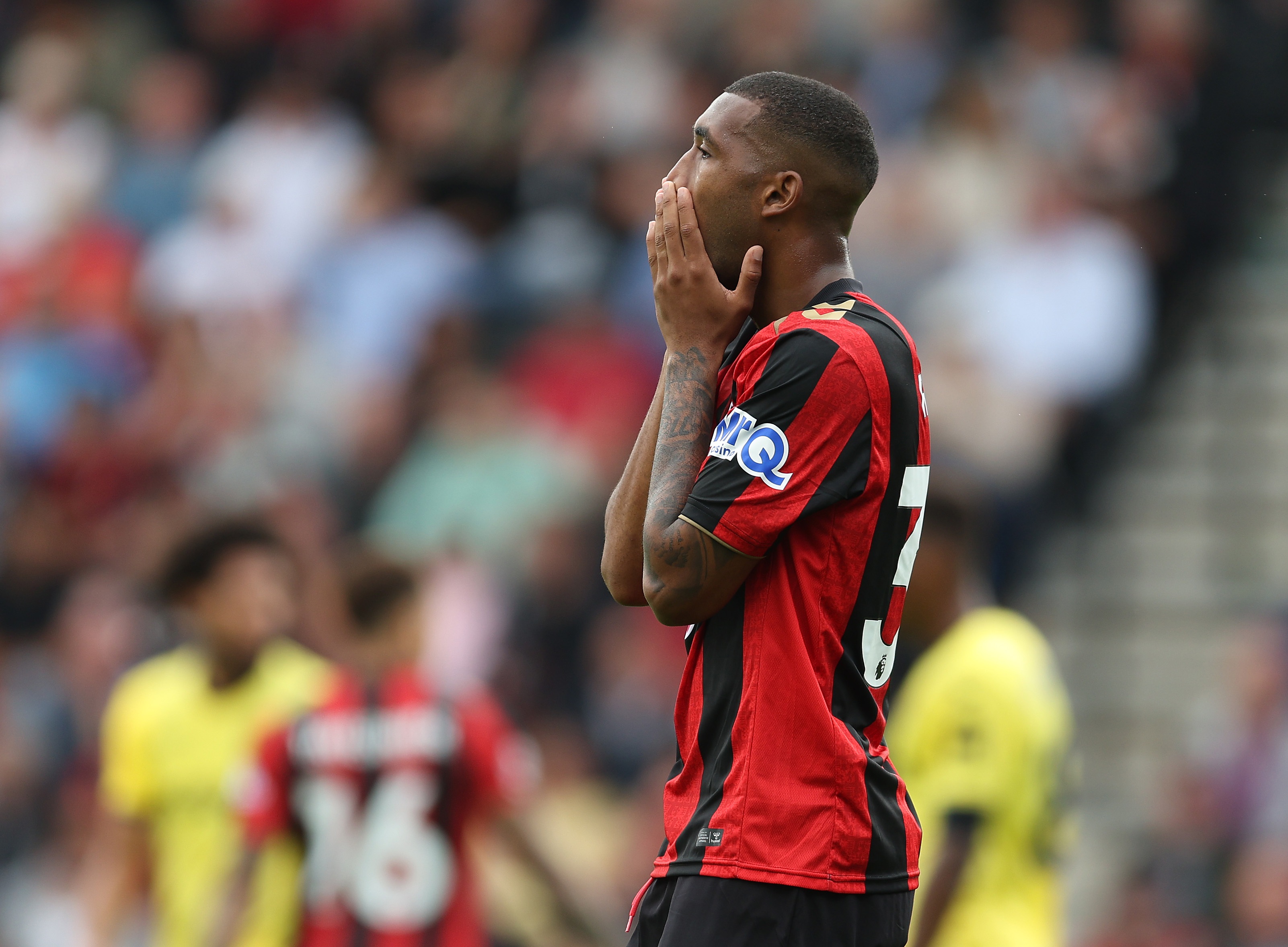 Bournemouth winger Rayan covers his mouth in shock.