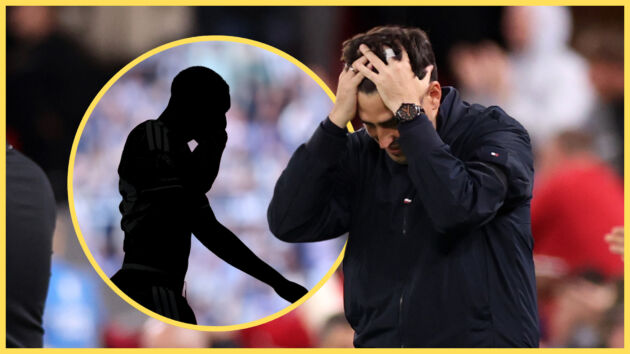Liverpool manager Andoni Iraola puts his hands on his head in frustration next to silhouette of Ryan Gravenberch.