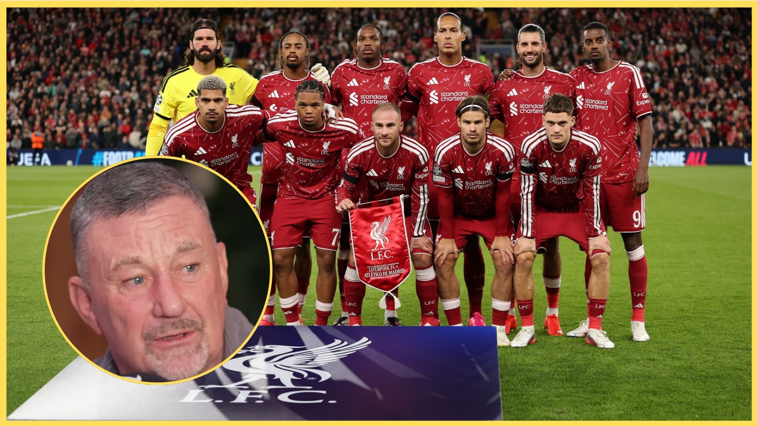 Liverpool players pose for a team photo, with John Aldridge inset