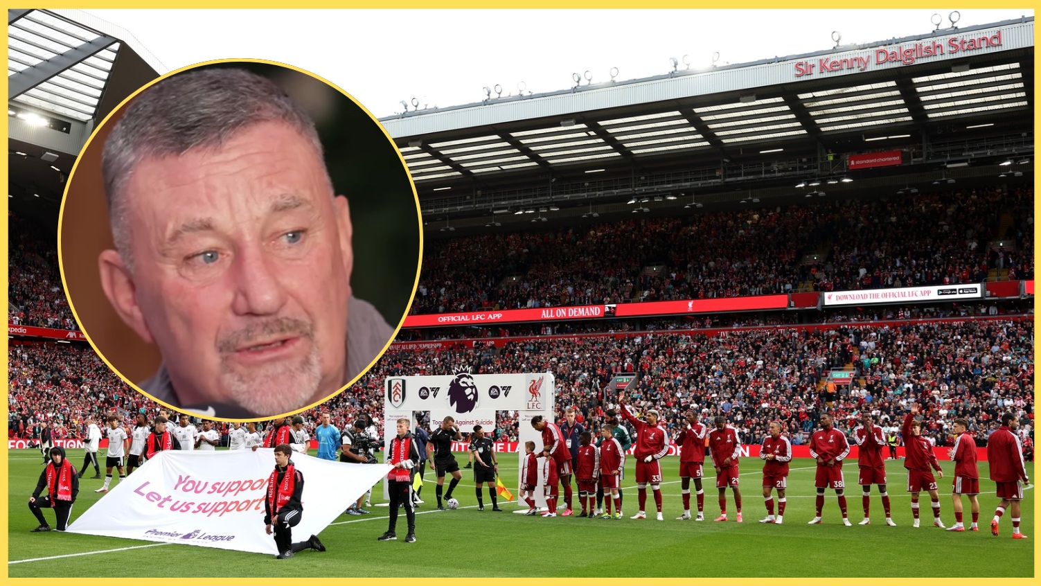 Liverpool players before their match against Fulham, with John Aldridge inset