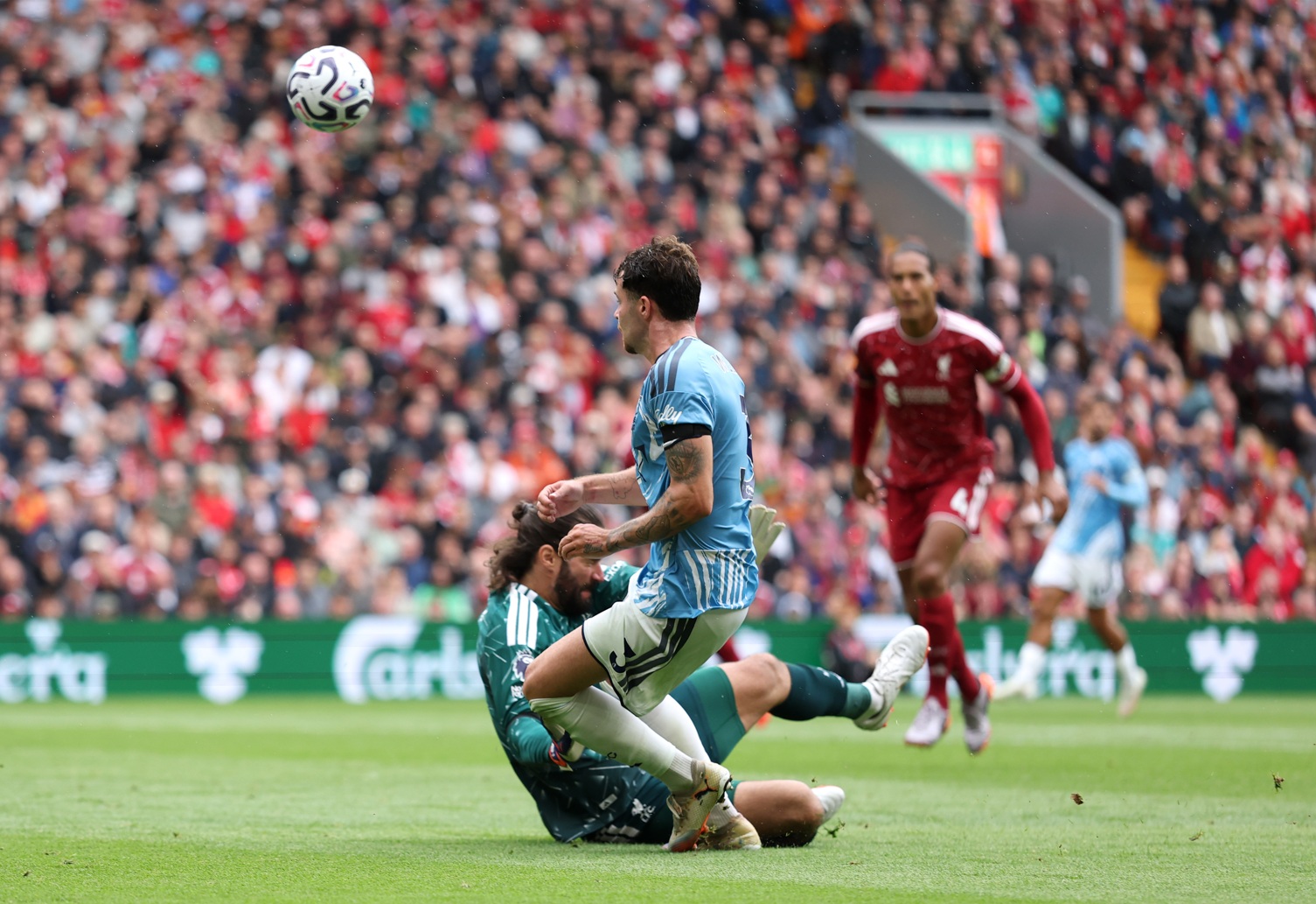 Alisson Becker is adjudged to have fouled Neco Williams, with Nottingham Forest awarded a penalty