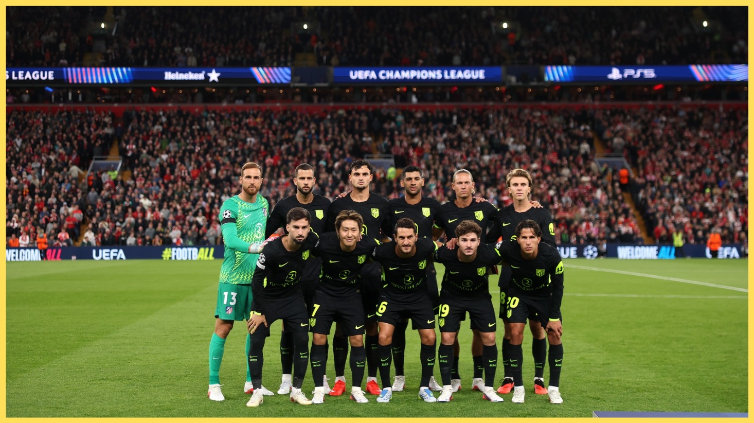 Atletico Madrid players pose for a team photo before their game against Liverpool