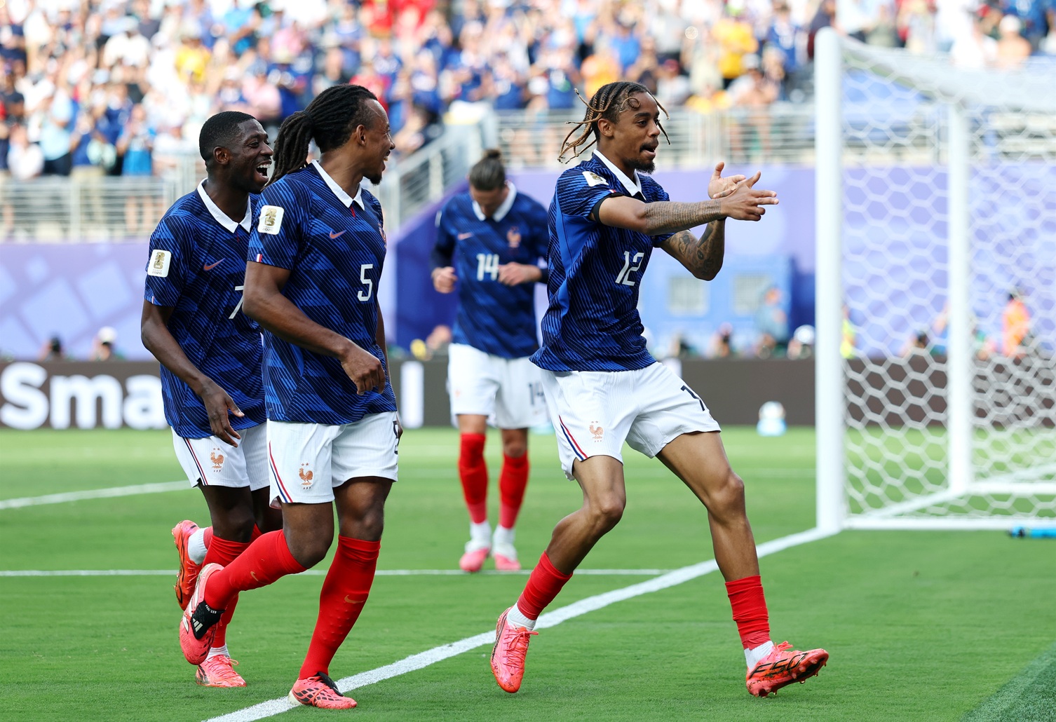 Bradley Barcola celebrates scoring at the World Cup for France