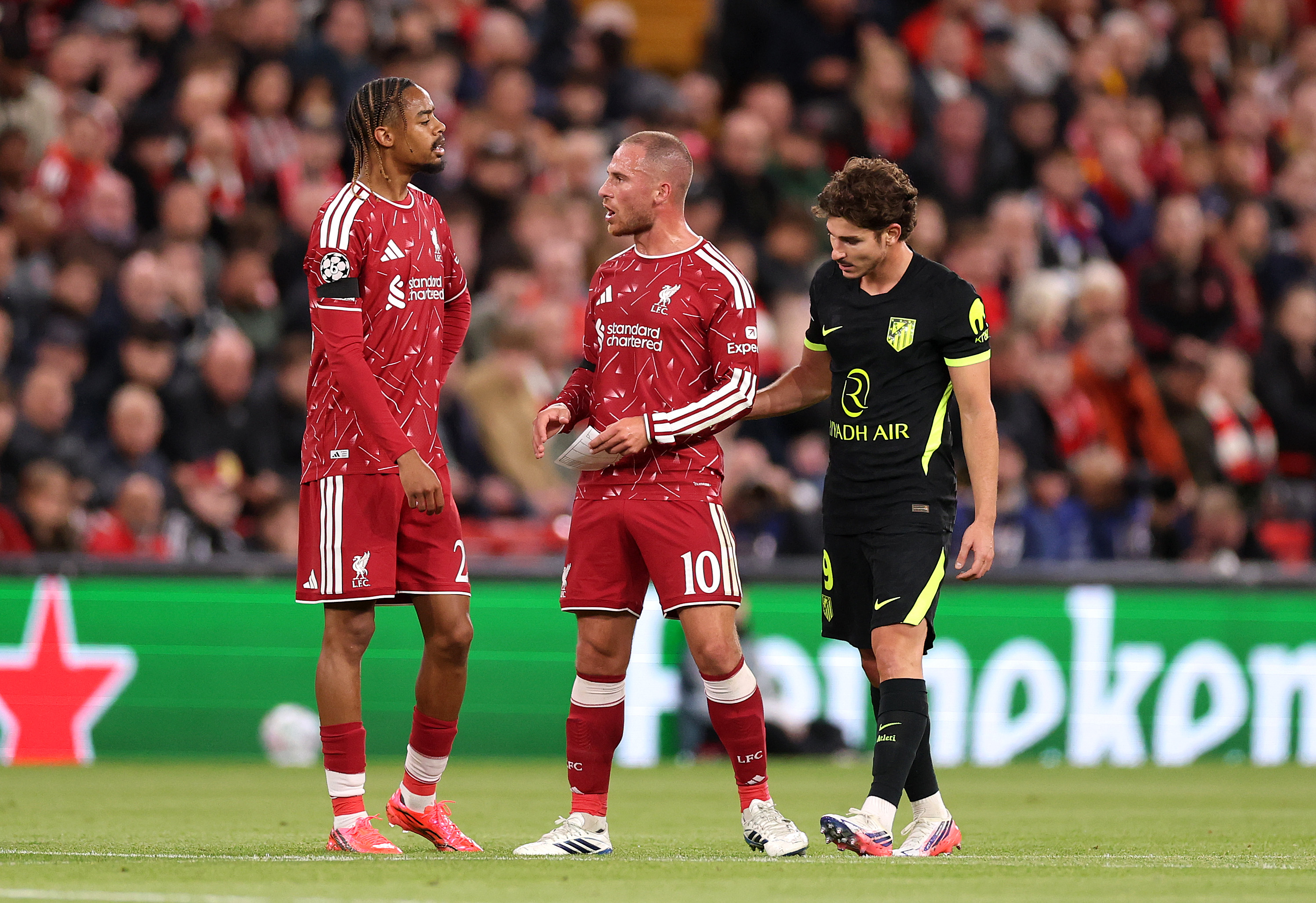Bradley Barcola, Alexis Mac Allister and Julian Alvarez pictured during Liverpool's game against Atletico Madrid