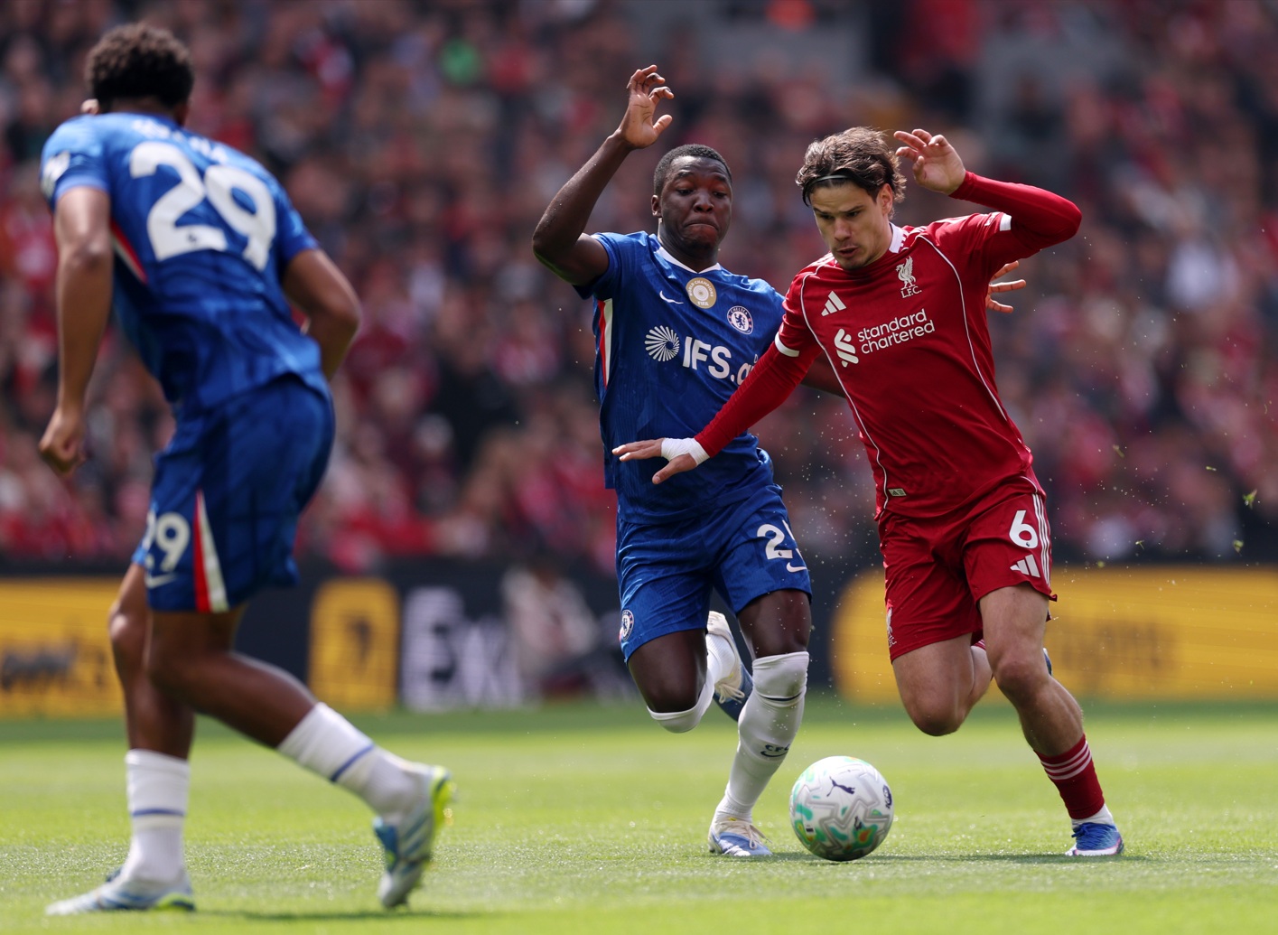 Moises Caicedo and Milos Kerkez vie for possession at Anfield