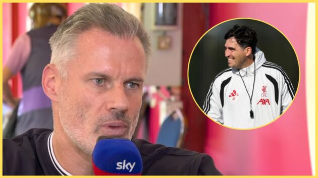 Jamie Carragher holds a Sky Sports-embroidered microphone, with Andoni Iraola inset
