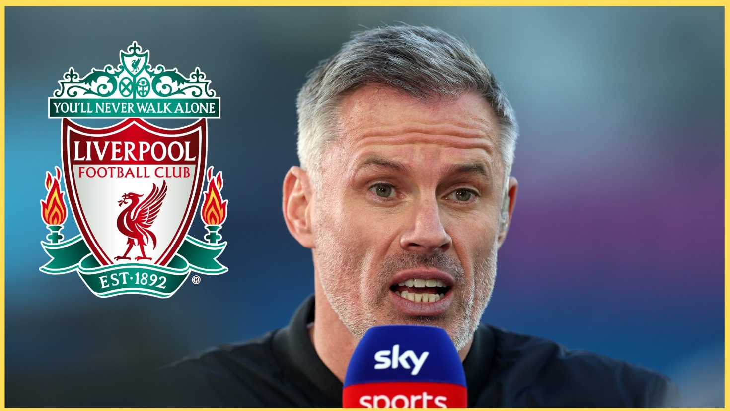Jamie Carragher on duty for Sky Sports, alongside an image of the Liverpool crest