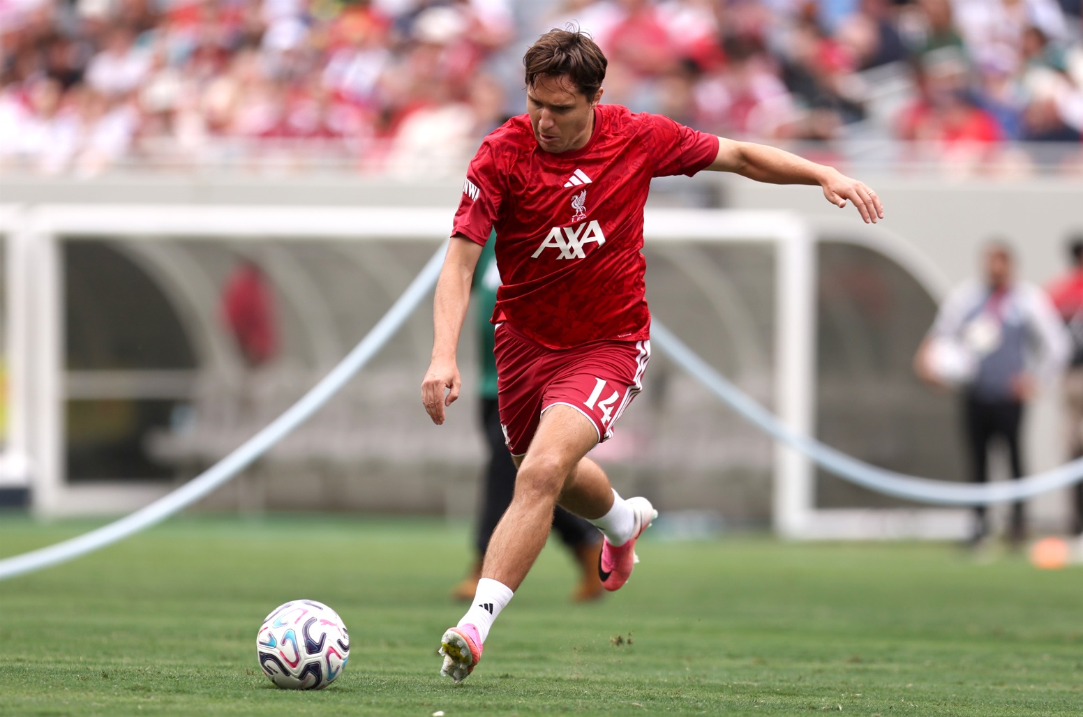 Federico Chiesa pictured during the warmup before a Liverpool match