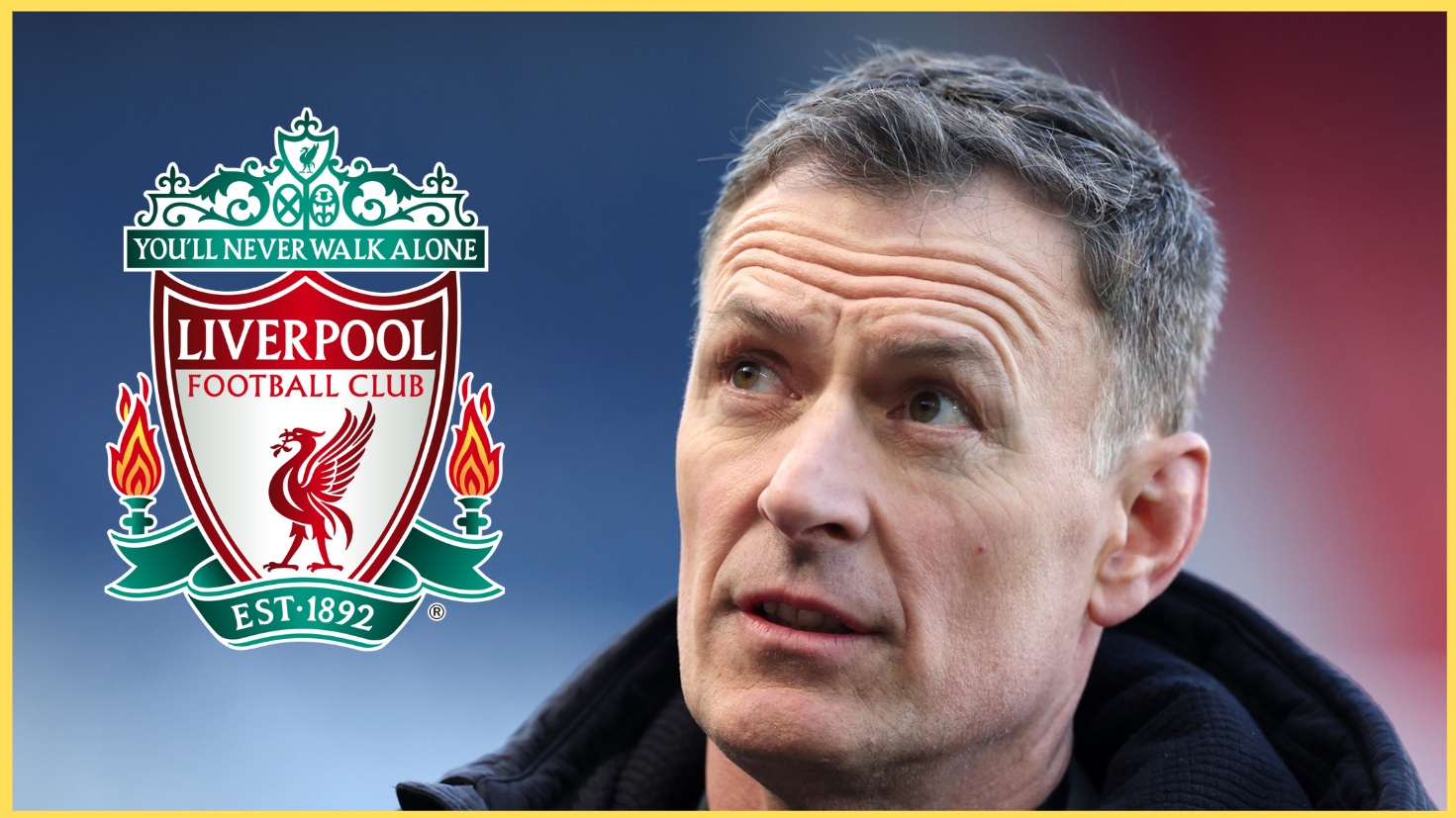 Chris Sutton pictured beside the Liverpool crest