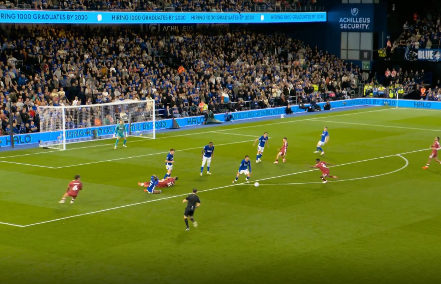 Abdul Fatawu brings down Liverpool forward Cody Gakpo on the edge of the penalty box, but no foul was awarded