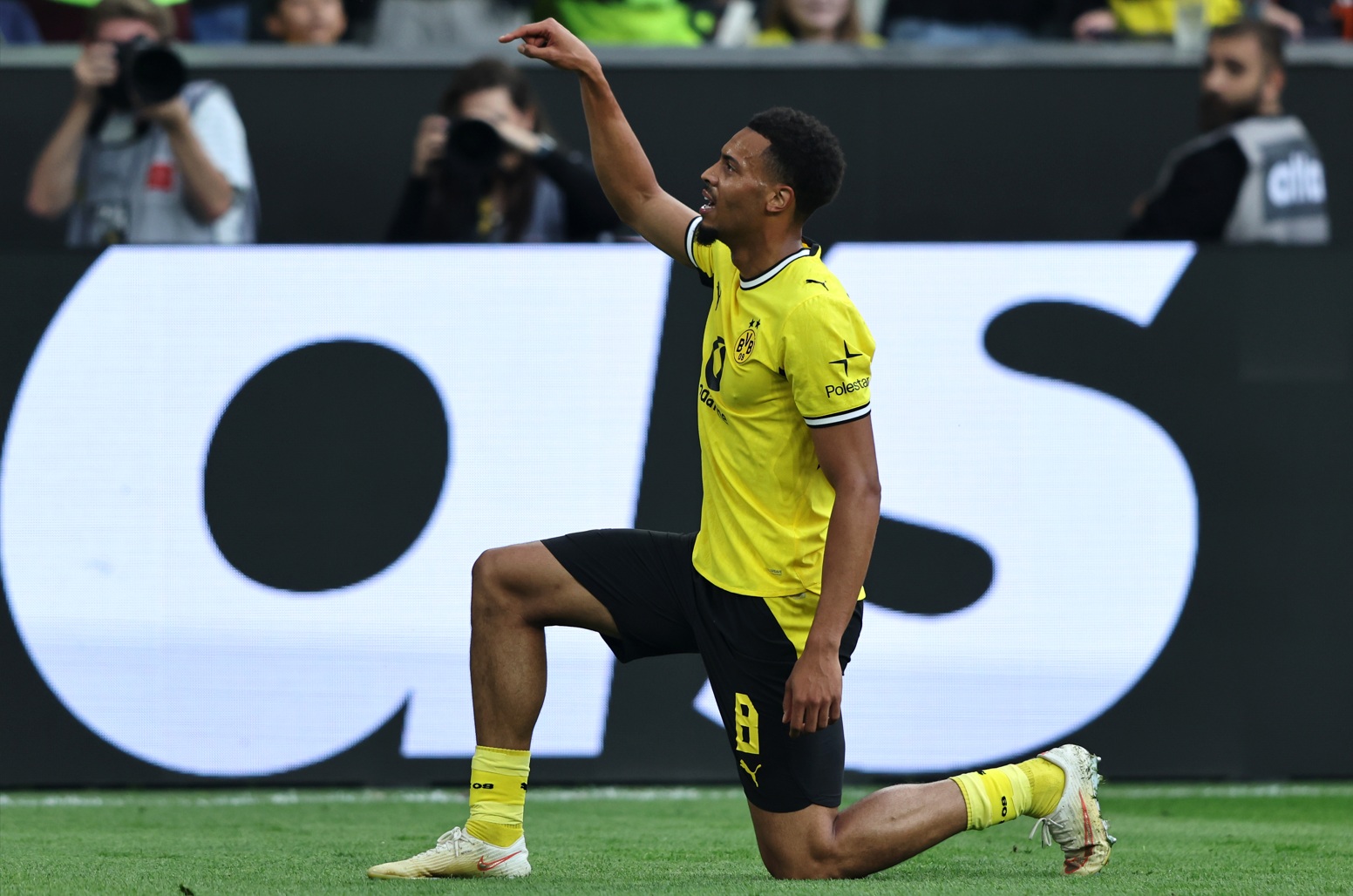 Felix Nmecha celebrates scoring in Dortmund's win over Paderborn