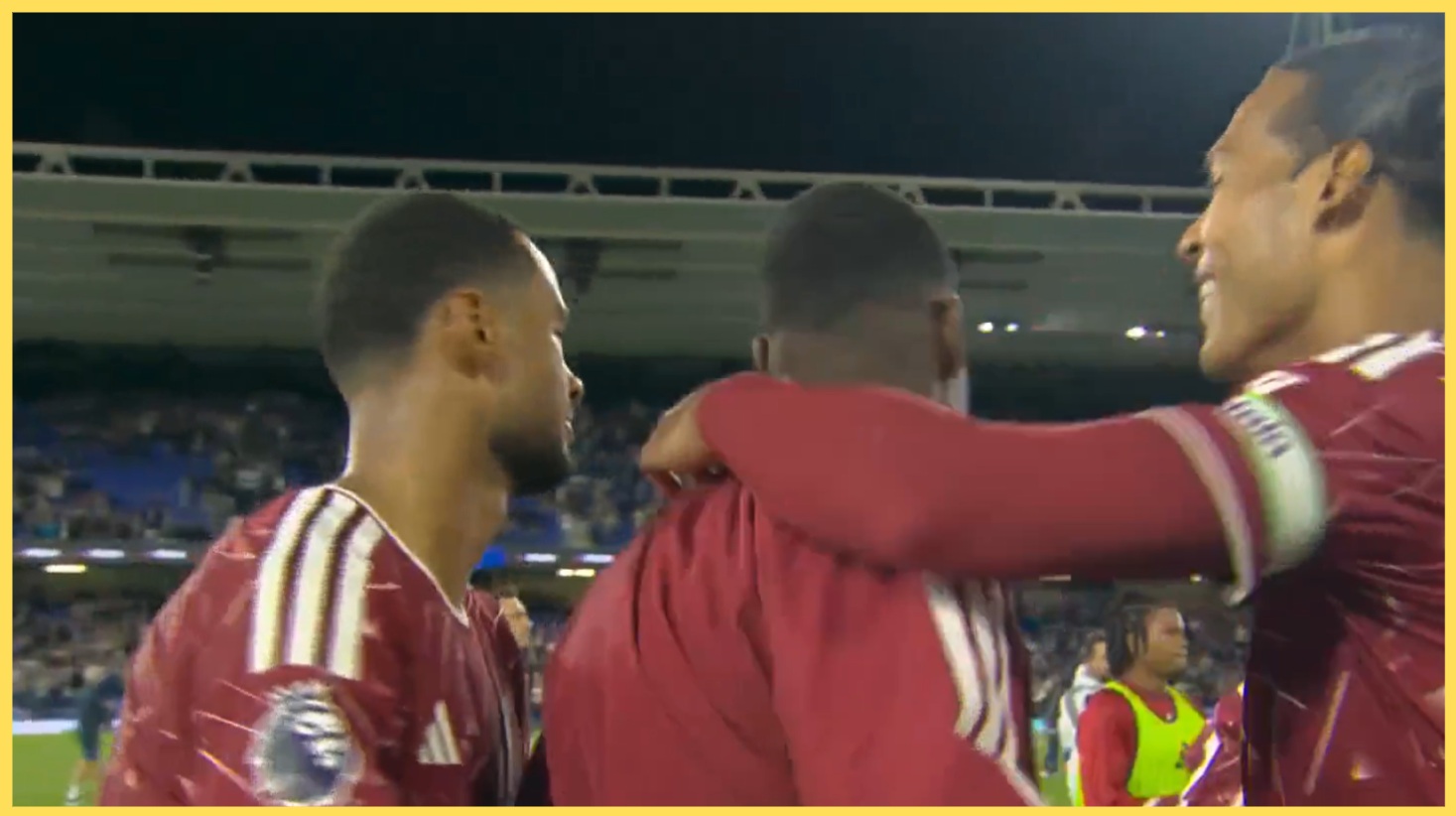Cody Gakpo and Virgil van Dijk celebrate with Alexander Isak at full-time