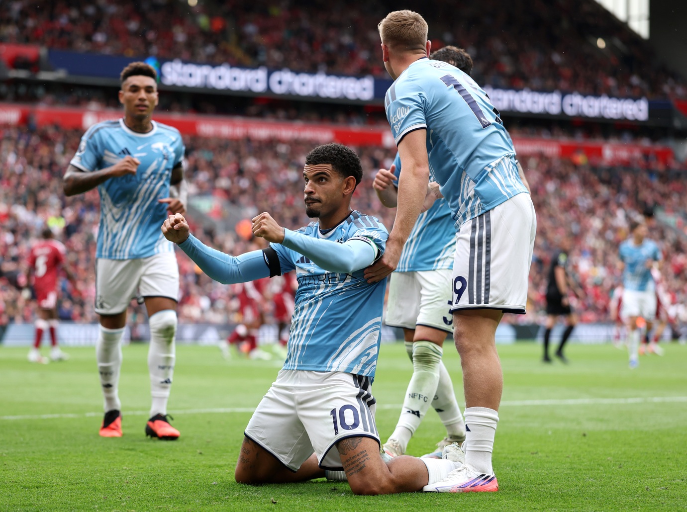 Morgan Gibbs-White celebrates scoring for Nottingham Forest at Anfield in August