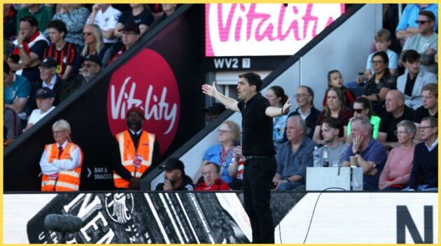 Andoni Iraola reacts during Liverpool's win over Bournemouth