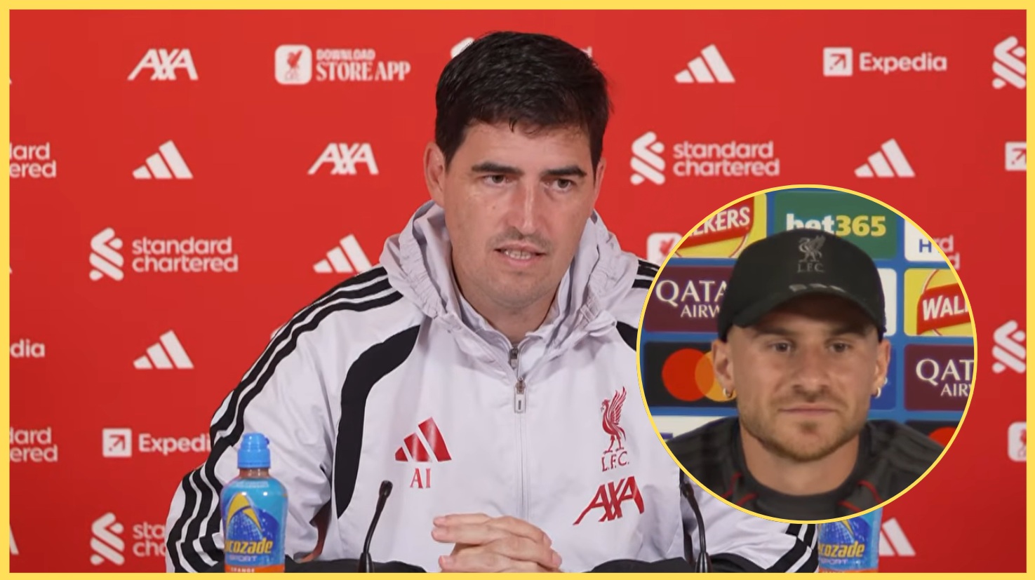Andoni Iraola addresses the media, with Alexis Mac Allister inset
